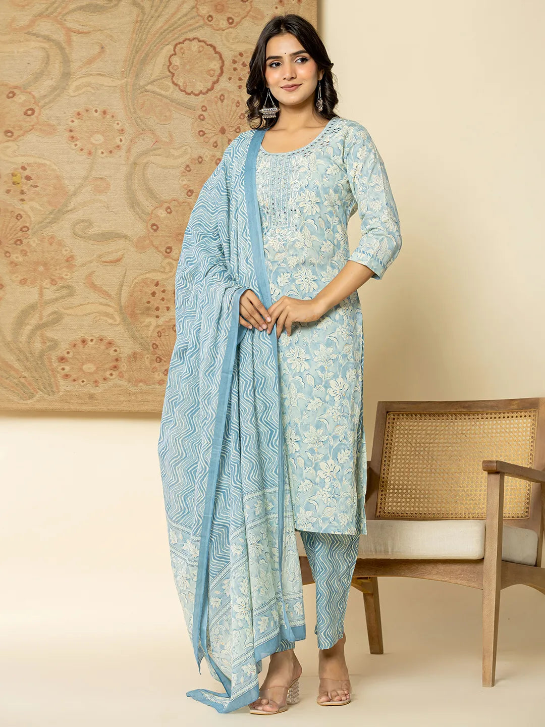 Yufta Pure Cotton Sky Blue Floral Embroidery Kurta Dupatta Pant Set | Grocsy