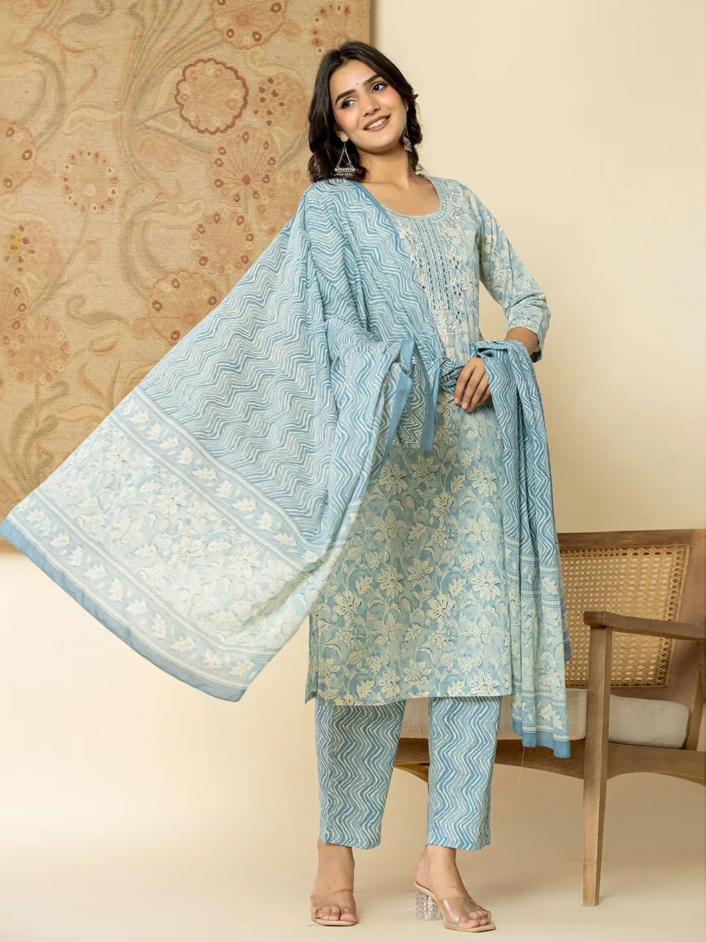 Yufta Pure Cotton Sky Blue Floral Embroidery Kurta Dupatta Pant Set | Grocsy