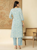 Yufta Pure Cotton Sky Blue Floral Embroidery Kurta Dupatta Pant Set | Grocsy