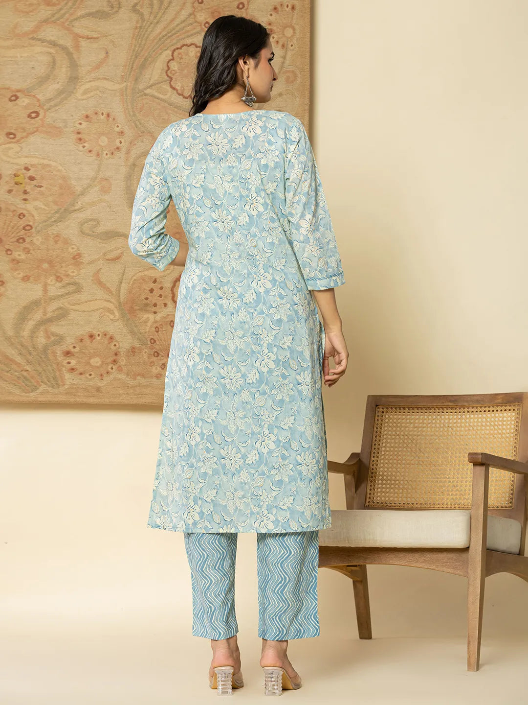 Yufta Pure Cotton Sky Blue Floral Embroidery Kurta Dupatta Pant Set | Grocsy