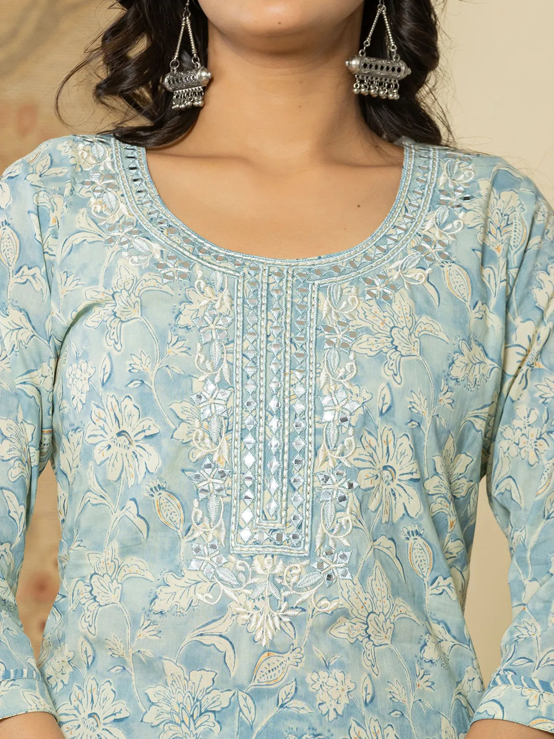 Yufta Pure Cotton Sky Blue Floral Embroidery Kurta Dupatta Pant Set | Grocsy