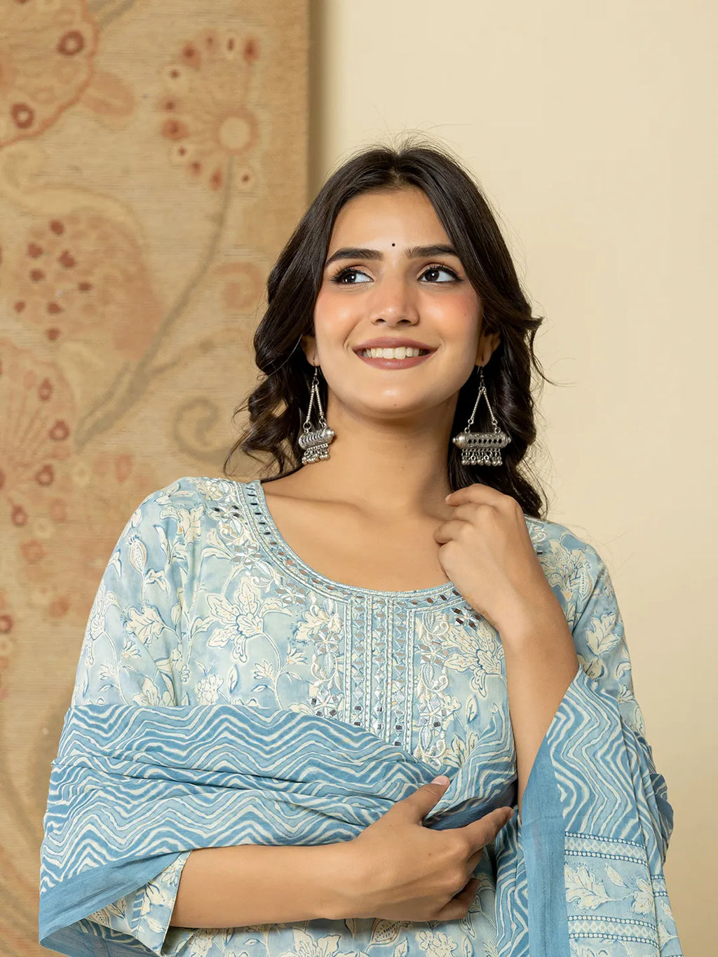 Yufta Pure Cotton Sky Blue Floral Embroidery Kurta Dupatta Pant Set | Grocsy