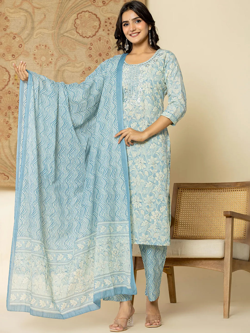 Yufta Pure Cotton Sky Blue Floral Embroidery Kurta Dupatta Pant Set | Grocsy
