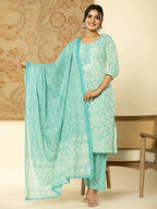 Yufta Pure Cotton Sea Green Floral Embroidery Kurta Dupatta Pant Set | Grocsy