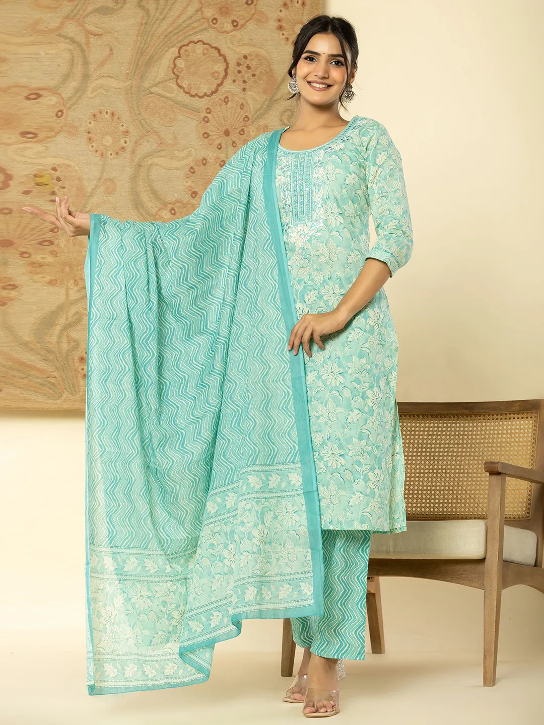 Yufta Pure Cotton Sea Green Floral Embroidery Kurta Dupatta Pant Set | Grocsy