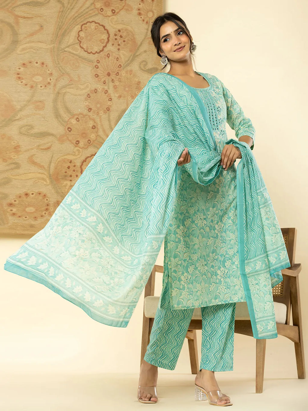 Yufta Pure Cotton Sea Green Floral Embroidery Kurta Dupatta Pant Set | Grocsy