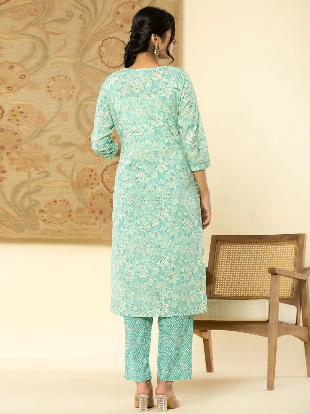 Yufta Pure Cotton Sea Green Floral Embroidery Kurta Dupatta Pant Set | Grocsy