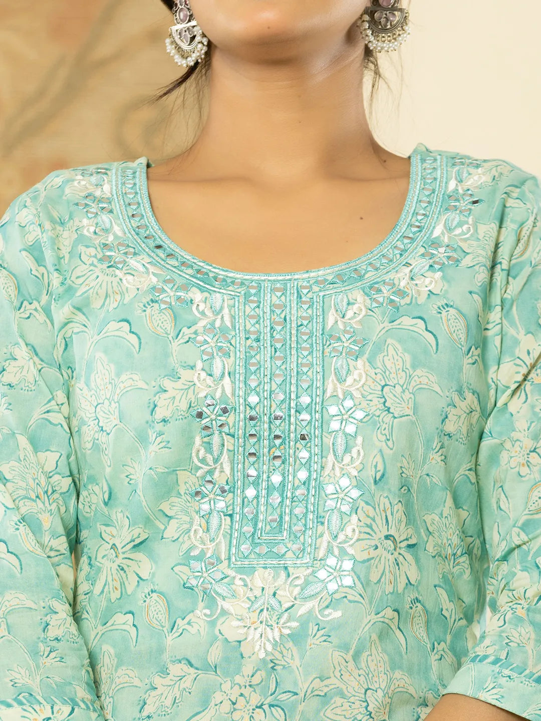 Yufta Pure Cotton Sea Green Floral Embroidery Kurta Dupatta Pant Set | Grocsy