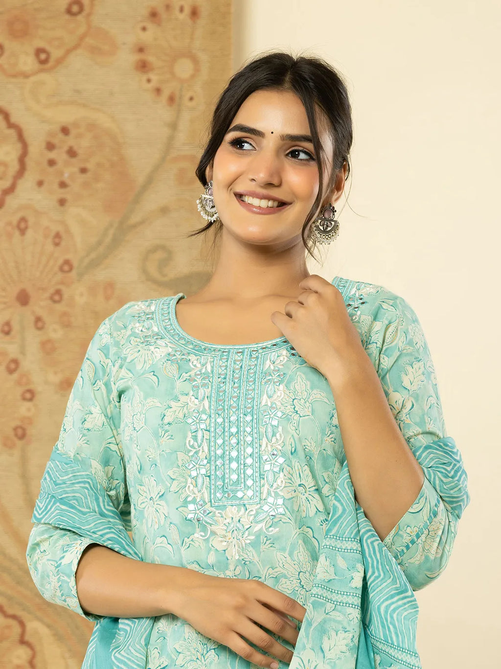 Yufta Pure Cotton Sea Green Floral Embroidery Kurta Dupatta Pant Set | Grocsy