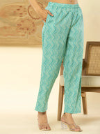 Yufta Pure Cotton Sea Green Floral Embroidery Kurta Dupatta Pant Set | Grocsy