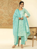 Yufta Pure Cotton Sea Green Floral Embroidery Kurta Dupatta Pant Set | Grocsy