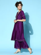 Sangria Women Purple & Silver Ethnic Motifs Gotta Patti Kurta with Palazzos & Dupatta | Grocsy