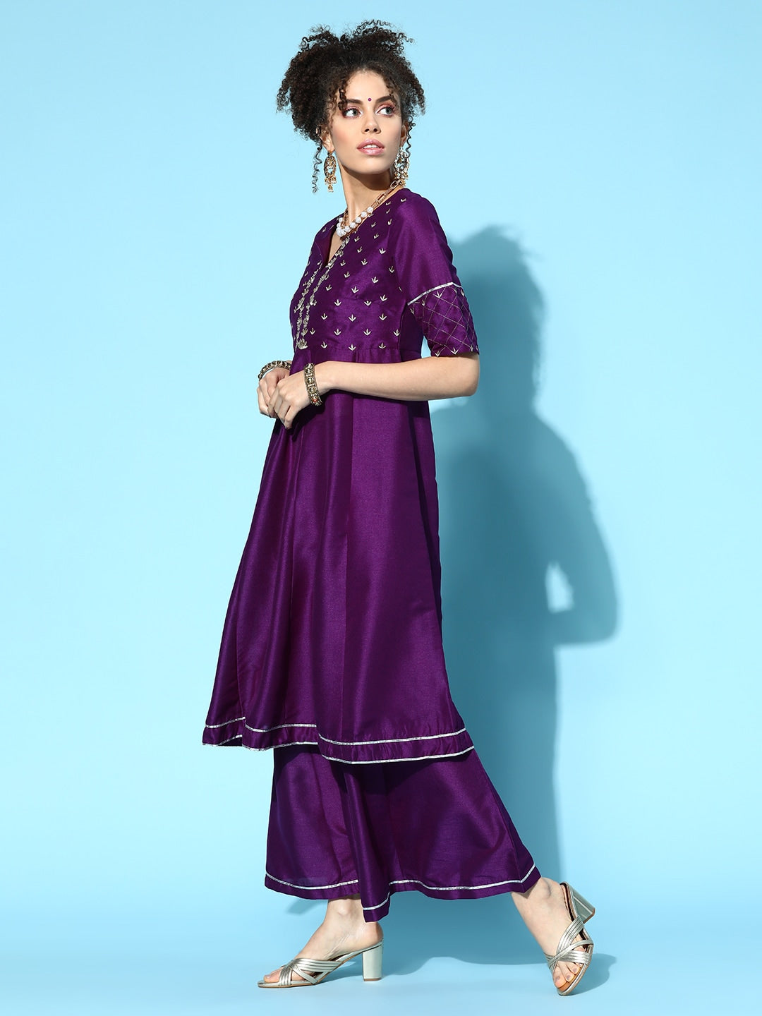 Sangria Women Purple & Silver Ethnic Motifs Gotta Patti Kurta with Palazzos & Dupatta | Grocsy