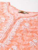 ADA Women Peach-Coloured & White Ethnic Motifs Chikankari Cotton Handloom Kurta | Grocsy