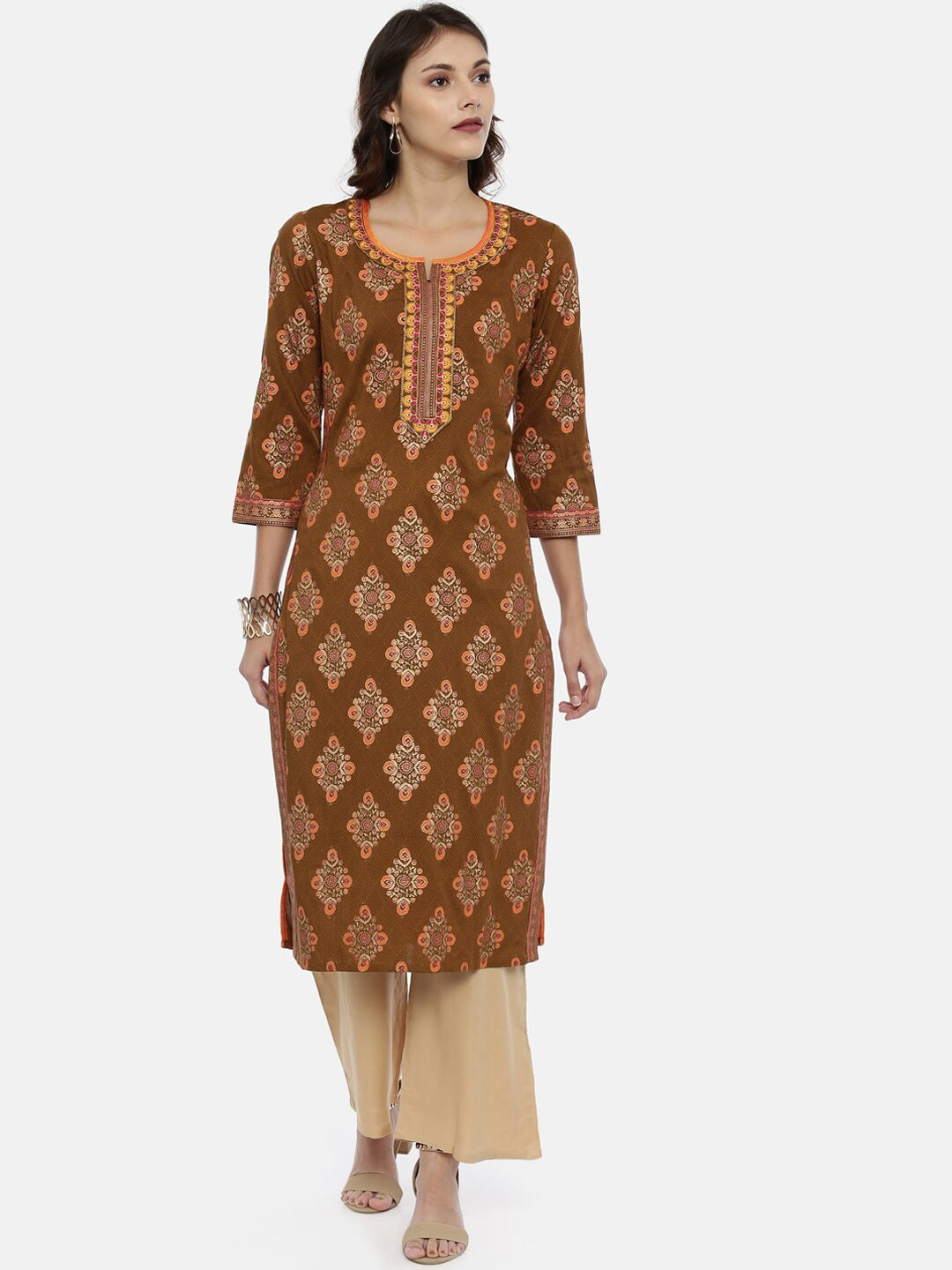 Souchii Brown & Mustard Printed Straight Kurta | Grocsy