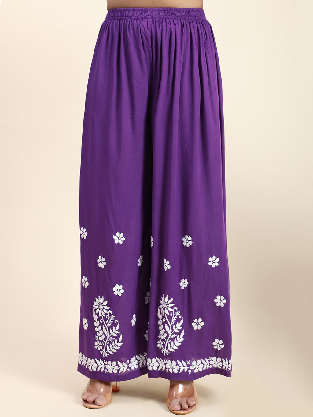 HOUSE OF KARI Women Purple Floral Embroidered Chikankari Pure Cotton Kurta with Palazzos | Grocsy
