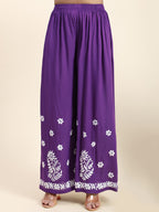 HOUSE OF KARI Women Purple Floral Embroidered Chikankari Pure Cotton Kurta with Palazzos | Grocsy