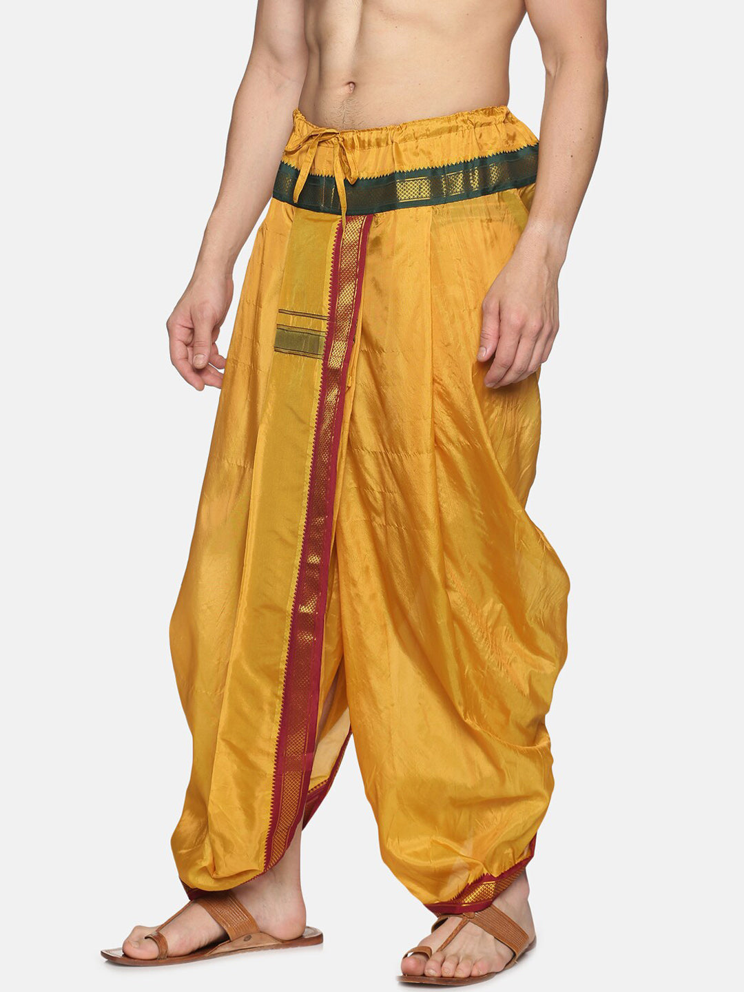 Sethukrishna Men Mustard-Yellow & Red Solid Readymade Dhoti | Grocsy
