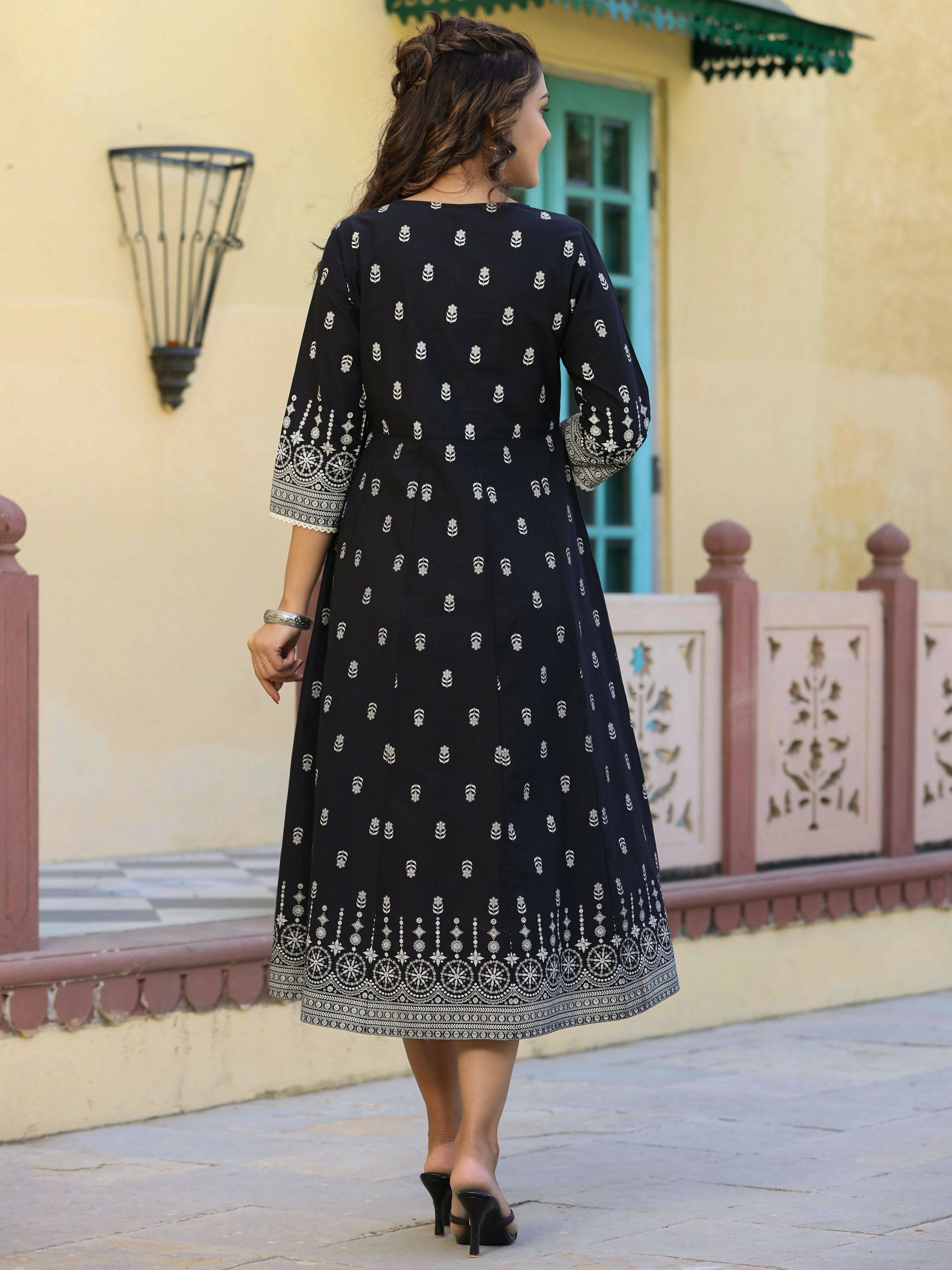 Juniper Women's Black Printed Anarkali Flared Dress | Grocsy
