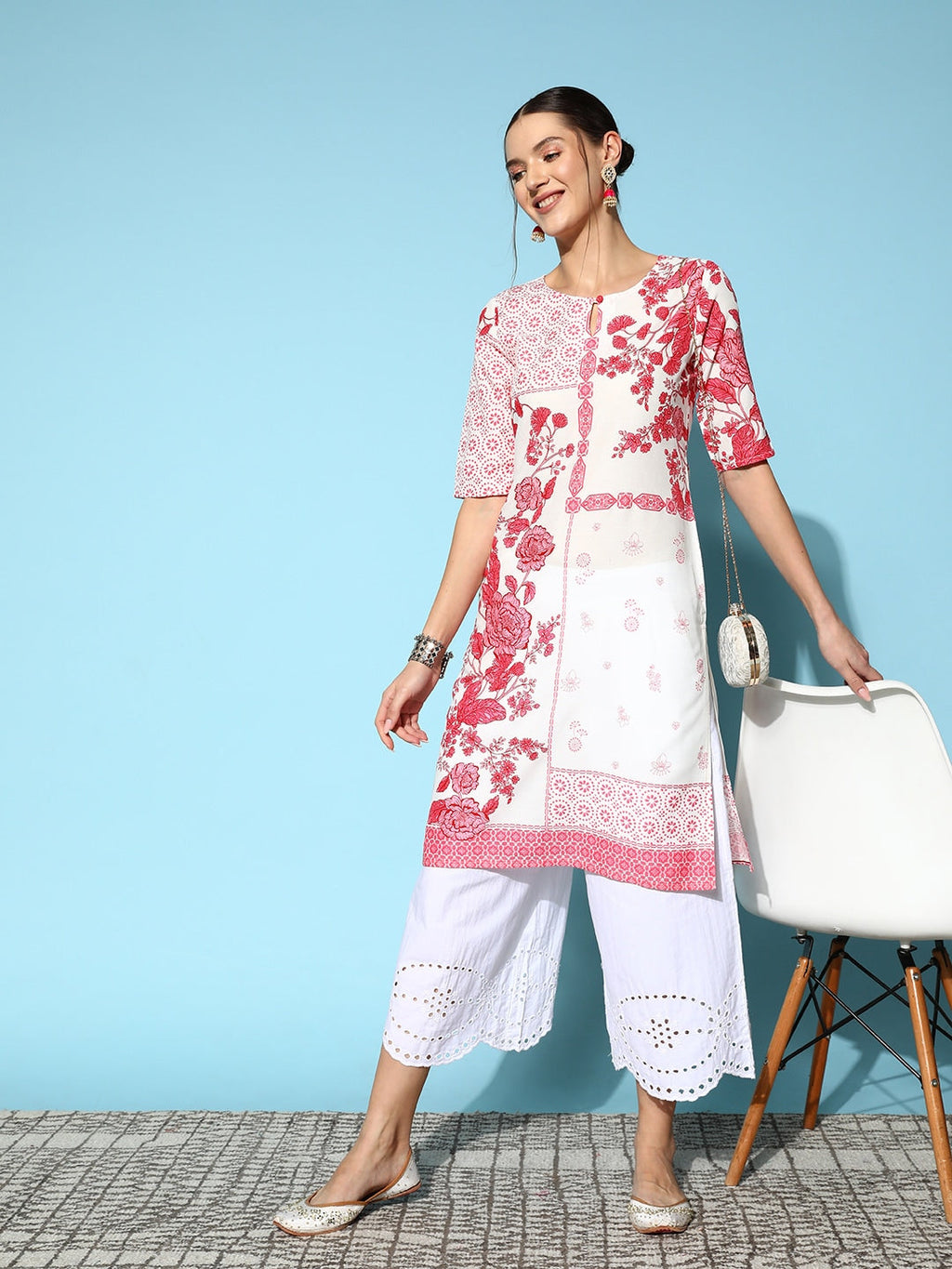 Sangria Women Floral Printed Keyhole Neck Floral Kurta | Grocsy