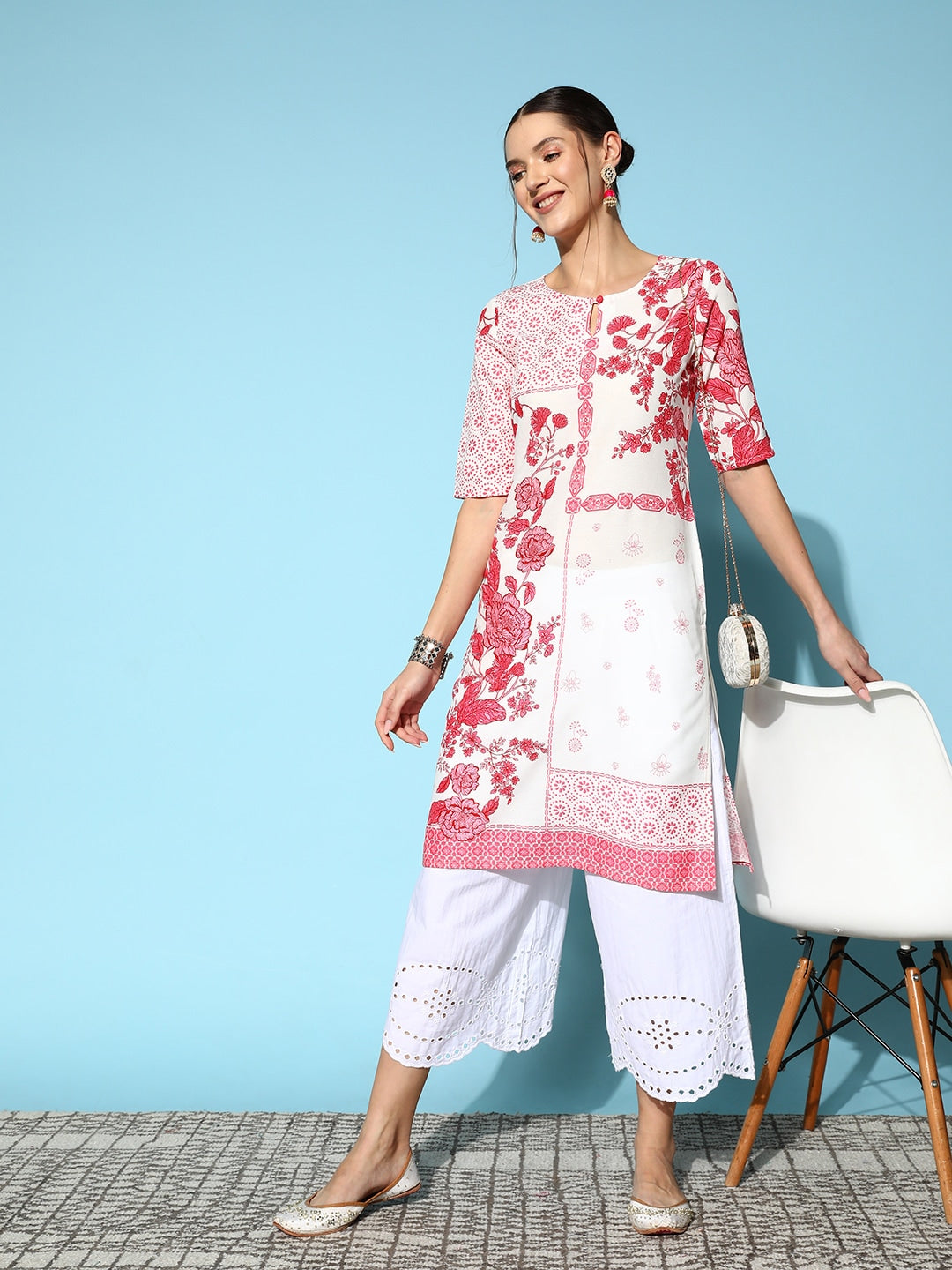 Sangria Women Floral Printed Keyhole Neck Floral Kurta | Grocsy