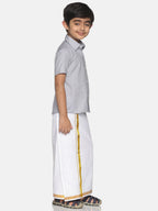 Sethukrishna Boys Grey & White Solid Shirt and Veshti Set | Grocsy