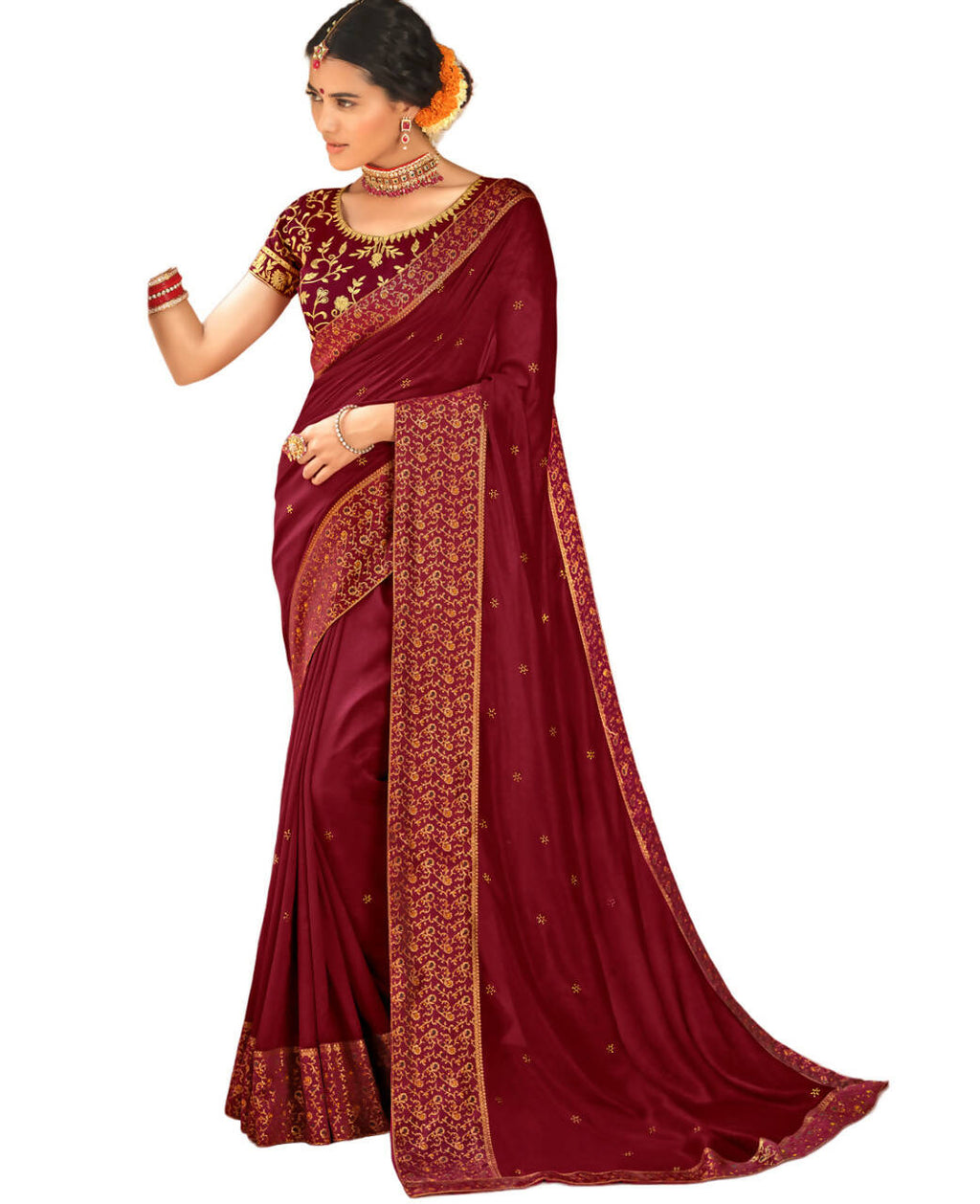 Maroon Vichitra Stone Work Saree With Unstitched Blouse Piece - Rosy | Grocsy
