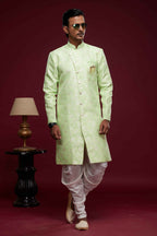 Raivat Ethnic Banarasi Jacquard Embroidery Semi Indo Western Sherwani In Pista Green Colour | Grocsy