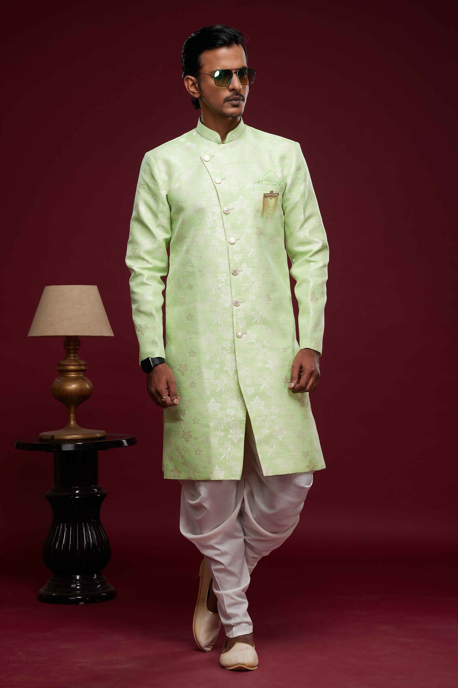 Raivat Ethnic Banarasi Jacquard Embroidery Semi Indo Western Sherwani In Pista Green Colour | Grocsy