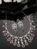 NVR Women's silver plated Maroon CZ stone handcrafted jewellery set | Grocsy