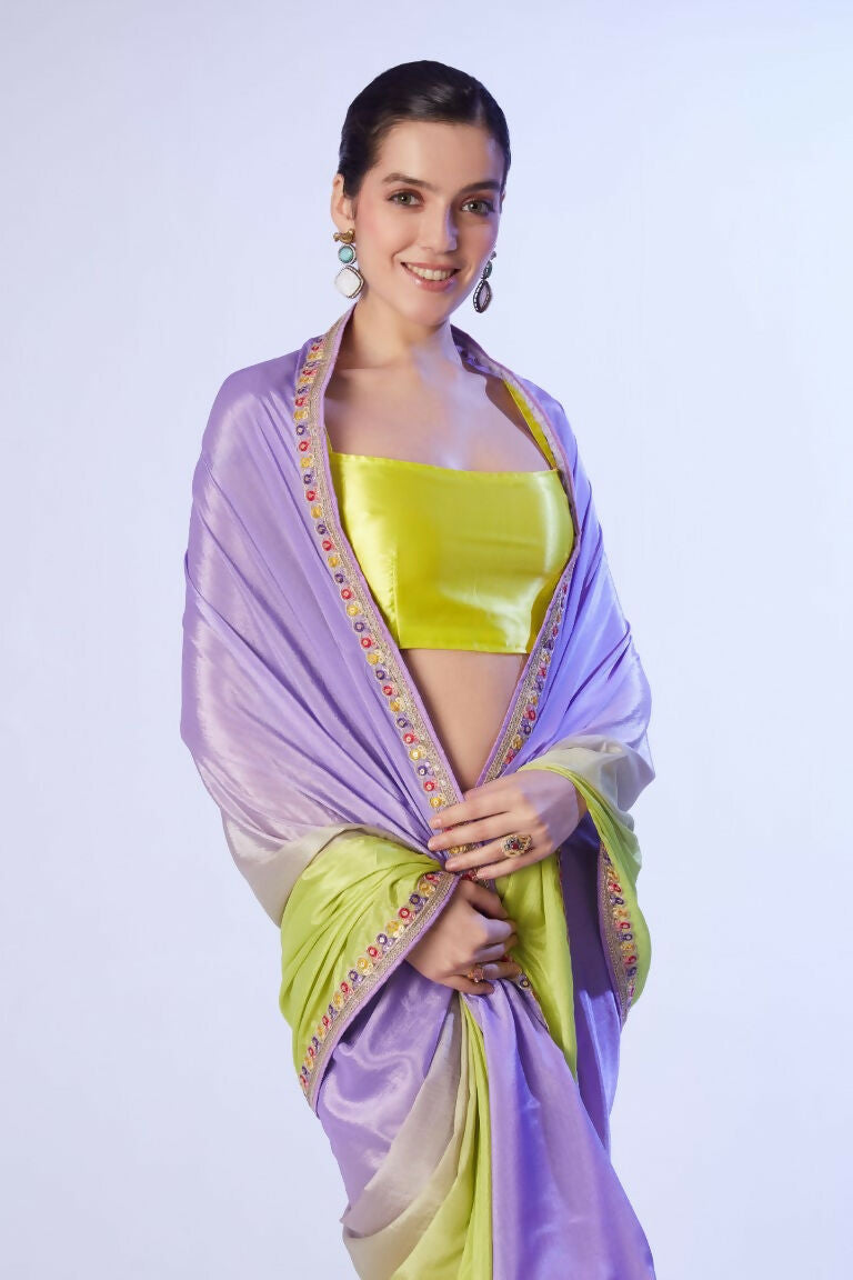 Lavender Chinon Solid Designer & Lace Work Saree - Samaa | Grocsy