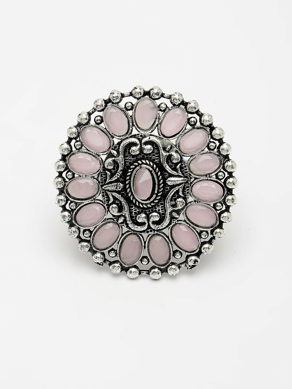 NVR Women's Pink Silver-Plated Circular Shape Adjustable Finger Ring | Grocsy