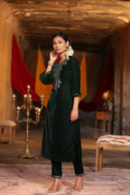 Juniper Women Jadegreen Velvet Embroidered Straight Kurta Sets | Grocsy