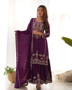 Lorenvalley Fashion Wine Chinnon Silk with Embroidery Sequence and Jari Work Kurta Sharara with Dupatta | Grocsy