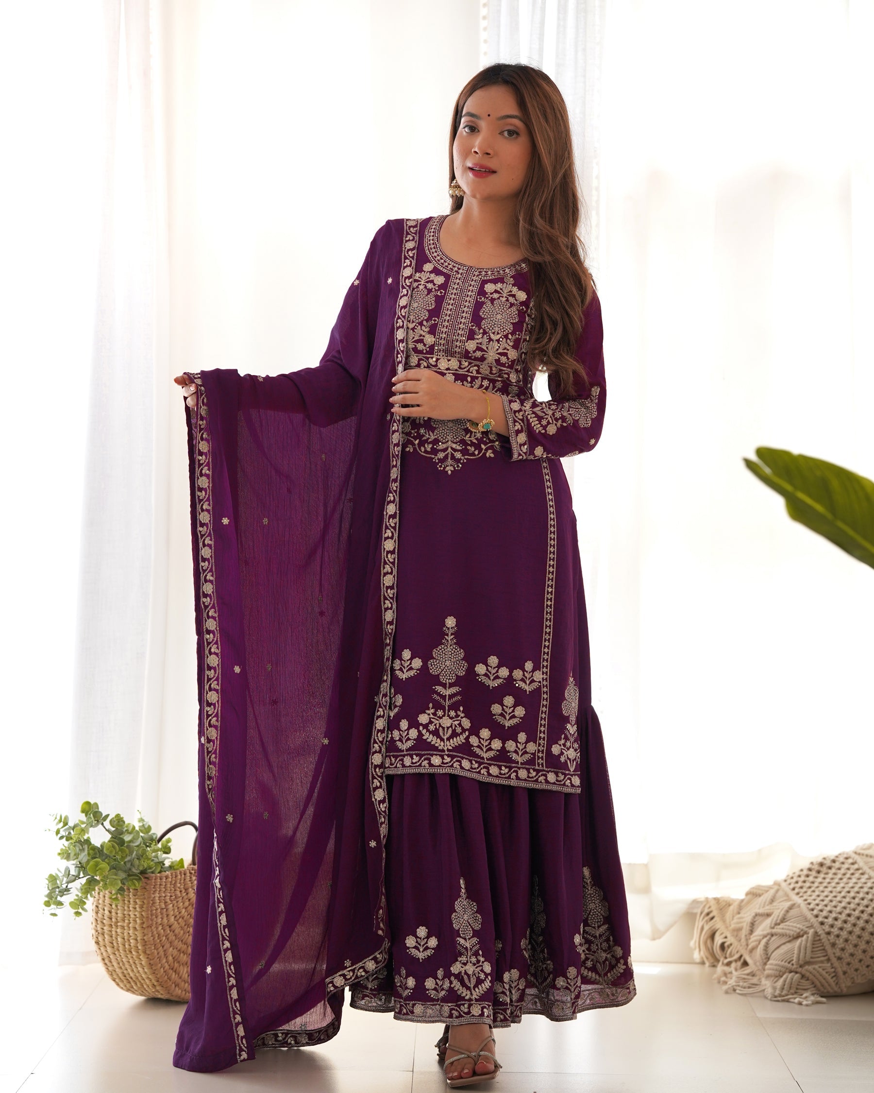 Lorenvalley Fashion Wine Chinnon Silk with Embroidery Sequence and Jari Work Kurta Sharara with Dupatta | Grocsy