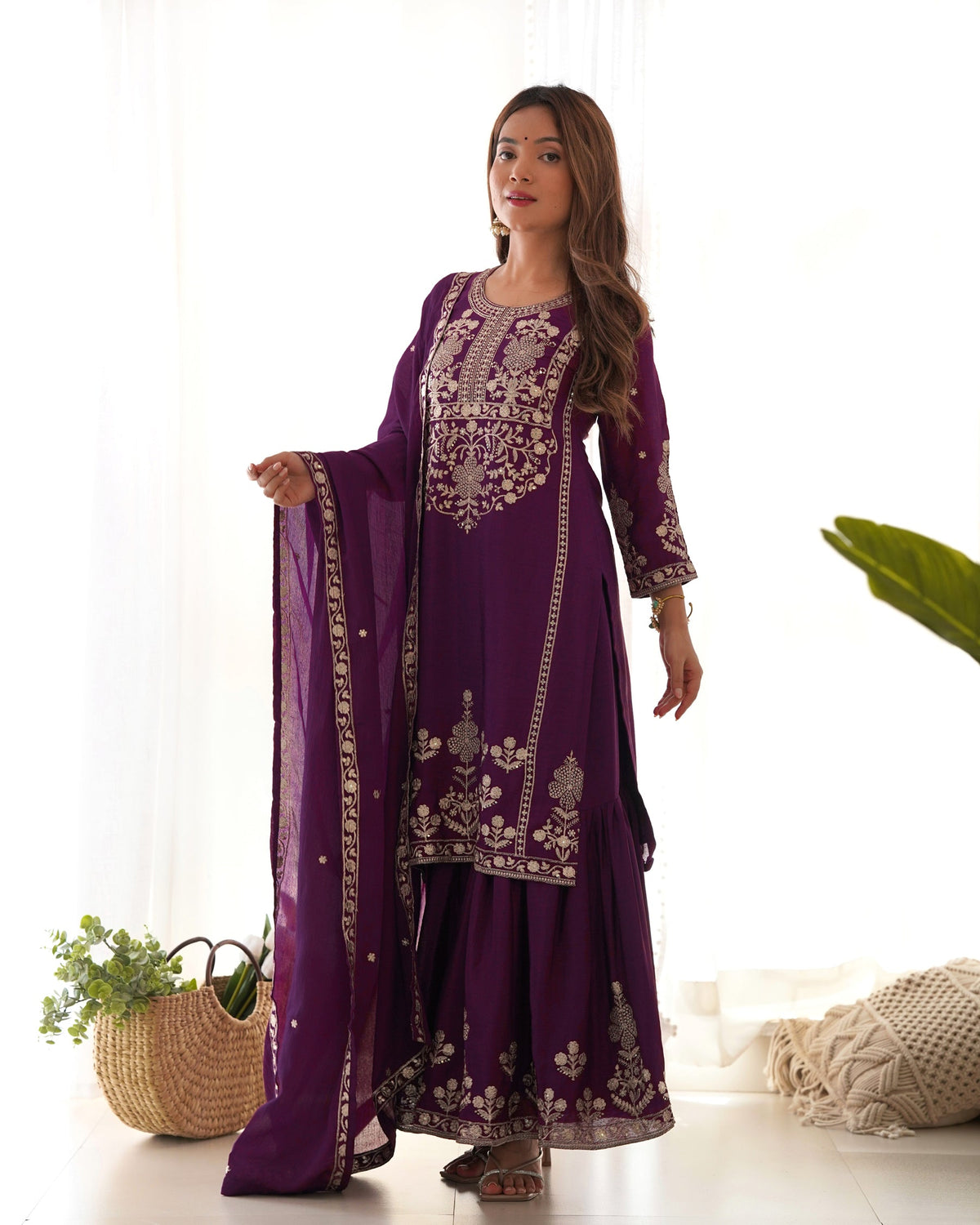 Lorenvalley Fashion Wine Chinnon Silk with Embroidery Sequence and Jari Work Kurta Sharara with Dupatta | Grocsy