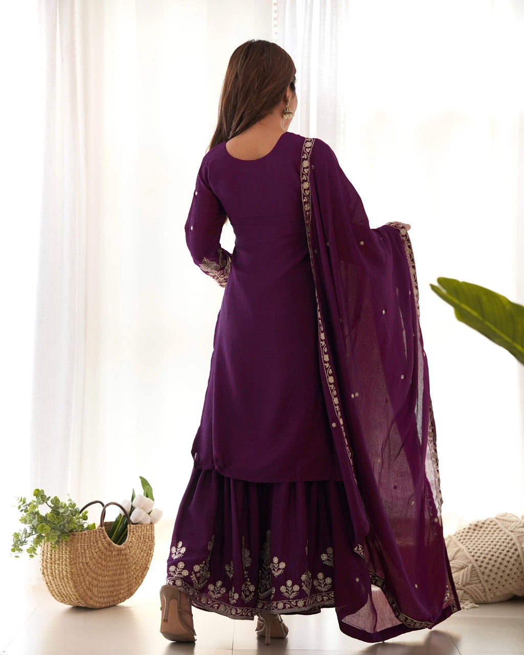 Lorenvalley Fashion Wine Chinnon Silk with Embroidery Sequence and Jari Work Kurta Sharara with Dupatta | Grocsy