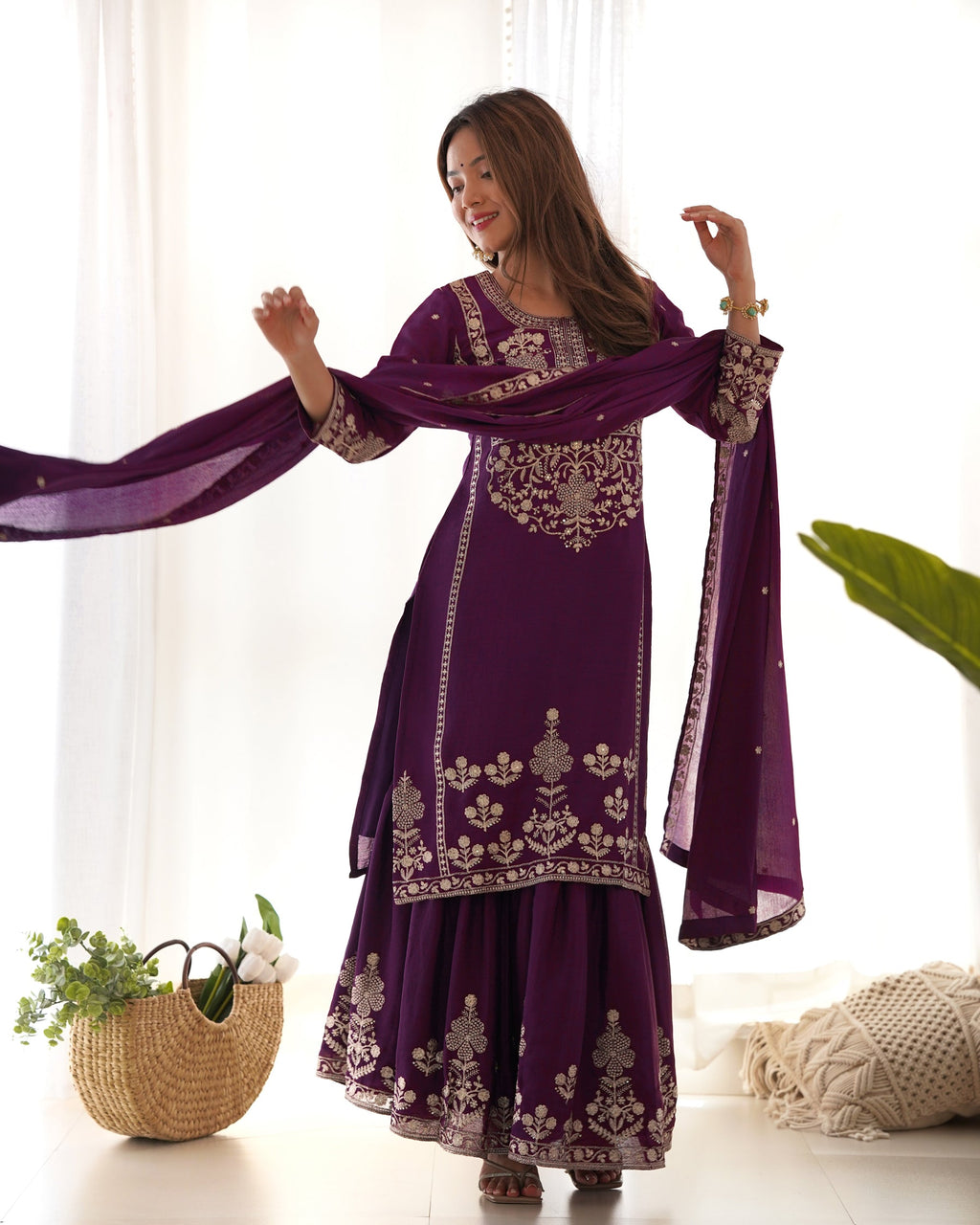 Lorenvalley Fashion Wine Chinnon Silk with Embroidery Sequence and Jari Work Kurta Sharara with Dupatta | Grocsy