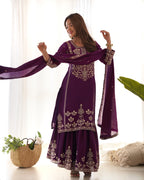 Lorenvalley Fashion Wine Chinnon Silk with Embroidery Sequence and Jari Work Kurta Sharara with Dupatta | Grocsy