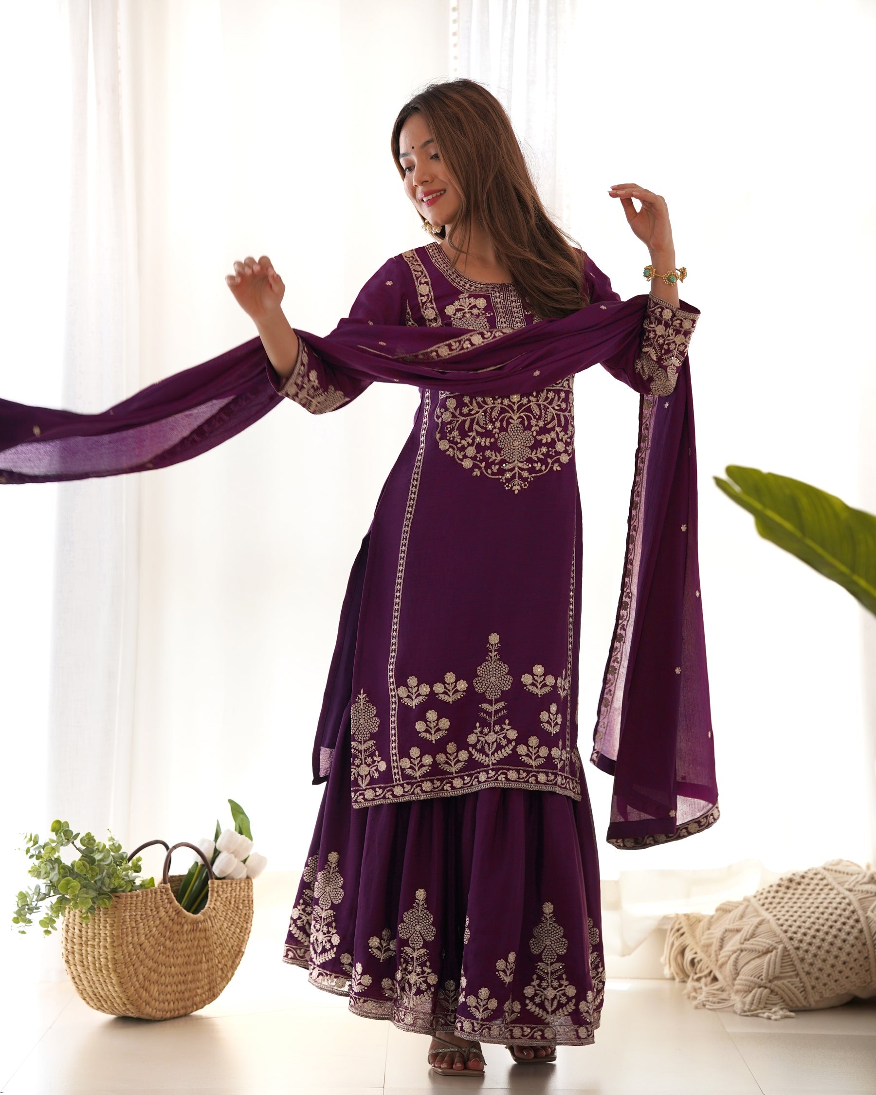 Lorenvalley Fashion Wine Chinnon Silk with Embroidery Sequence and Jari Work Kurta Sharara with Dupatta | Grocsy