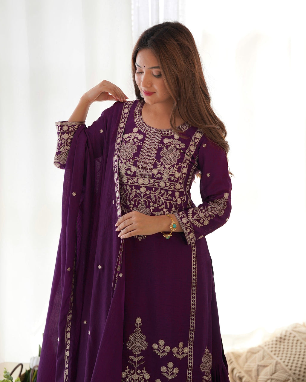 Lorenvalley Fashion Wine Chinnon Silk with Embroidery Sequence and Jari Work Kurta Sharara with Dupatta | Grocsy