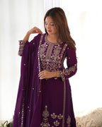Lorenvalley Fashion Wine Chinnon Silk with Embroidery Sequence and Jari Work Kurta Sharara with Dupatta | Grocsy