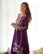 Lorenvalley Fashion Wine Chinnon Silk with Embroidery Sequence and Jari Work Kurta Sharara with Dupatta | Grocsy