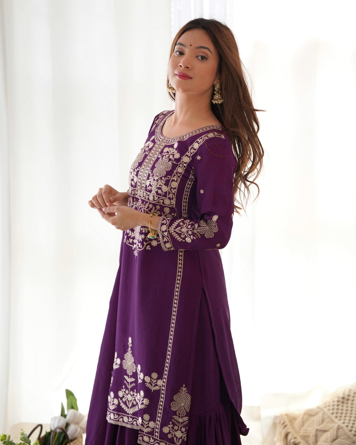 Lorenvalley Fashion Wine Chinnon Silk with Embroidery Sequence and Jari Work Kurta Sharara with Dupatta | Grocsy