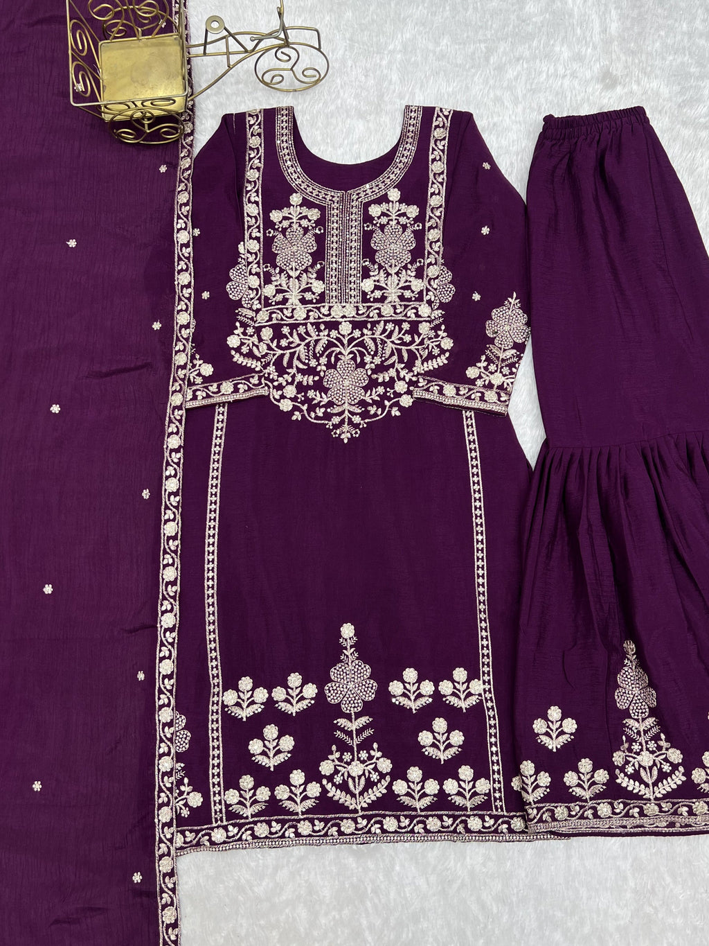 Lorenvalley Fashion Wine Chinnon Silk with Embroidery Sequence and Jari Work Kurta Sharara with Dupatta | Grocsy