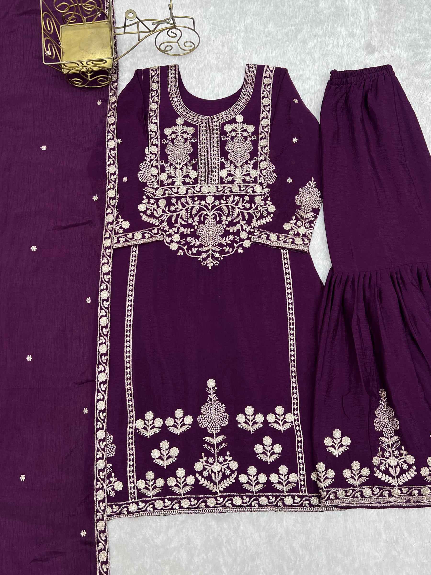 Lorenvalley Fashion Wine Chinnon Silk with Embroidery Sequence and Jari Work Kurta Sharara with Dupatta | Grocsy