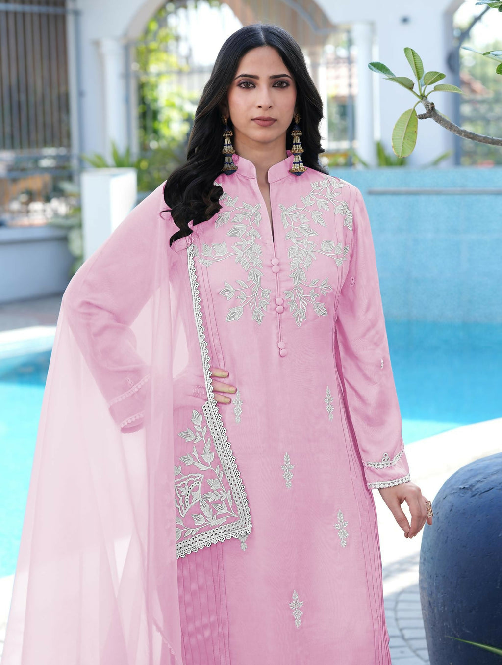 Nikhaar Light Pink Embroidered Modal Silk Stitched Straight Cut Kurta Pants Dupatta Readymade Suit | Grocsy