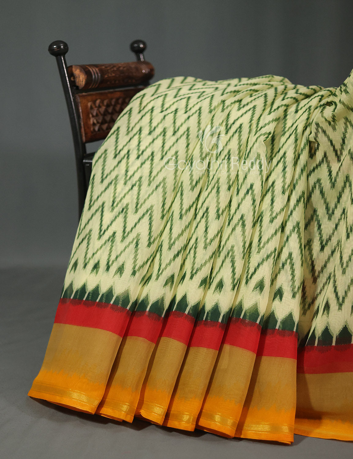 Shades of Light Apple Green And Yellow Colour Blouse Ikat Design Semi Chanderi Saree By Gayathri Reddy Designer Studio | Grocsy