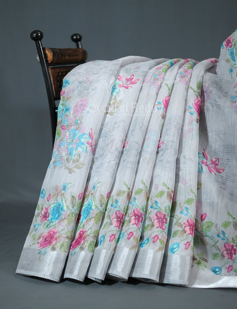 Shades of Light Grey With Floral Print Semi Chanderi Saree By Gayathri Reddy Designer Studio | Grocsy