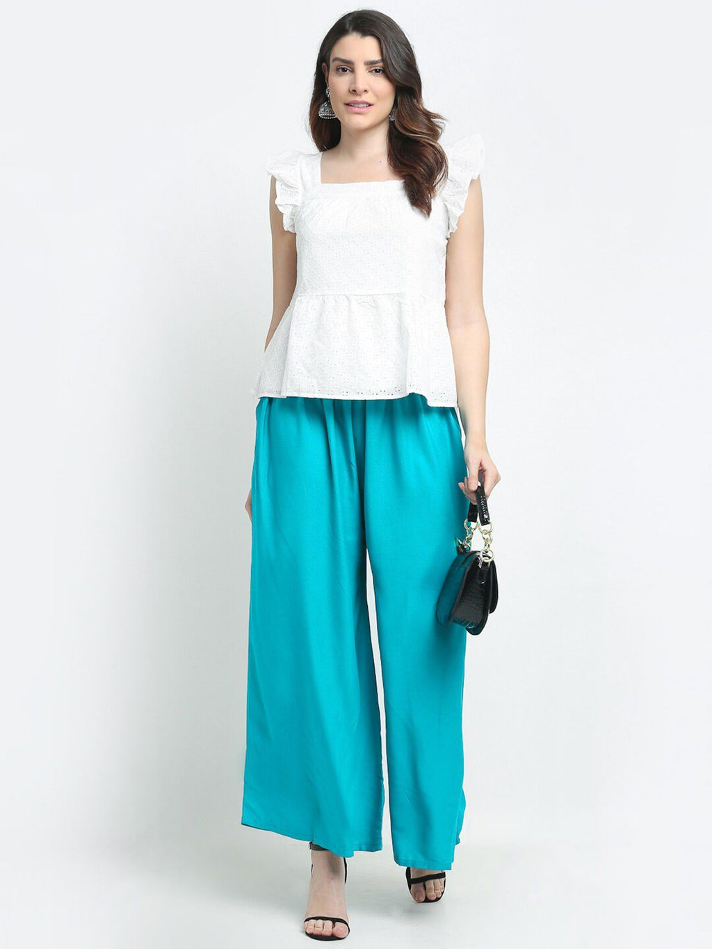 TAG 7 Women Set Of 2 White & Blue Flared Ethnic Palazzos | Grocsy